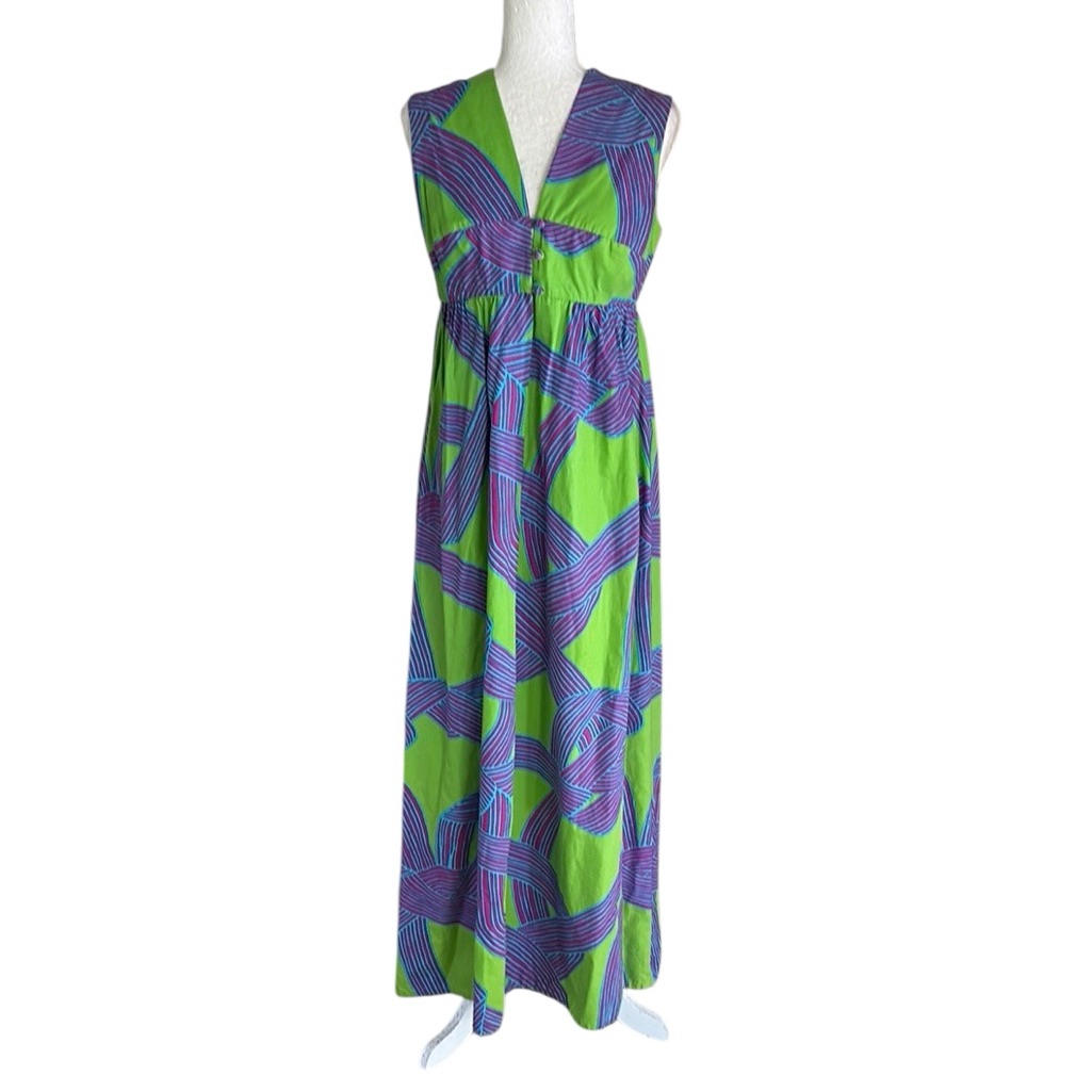 Vintage Nalii Honolulu 1960s Lime Green Printed Sleeveless Maxi Slip Dress - M